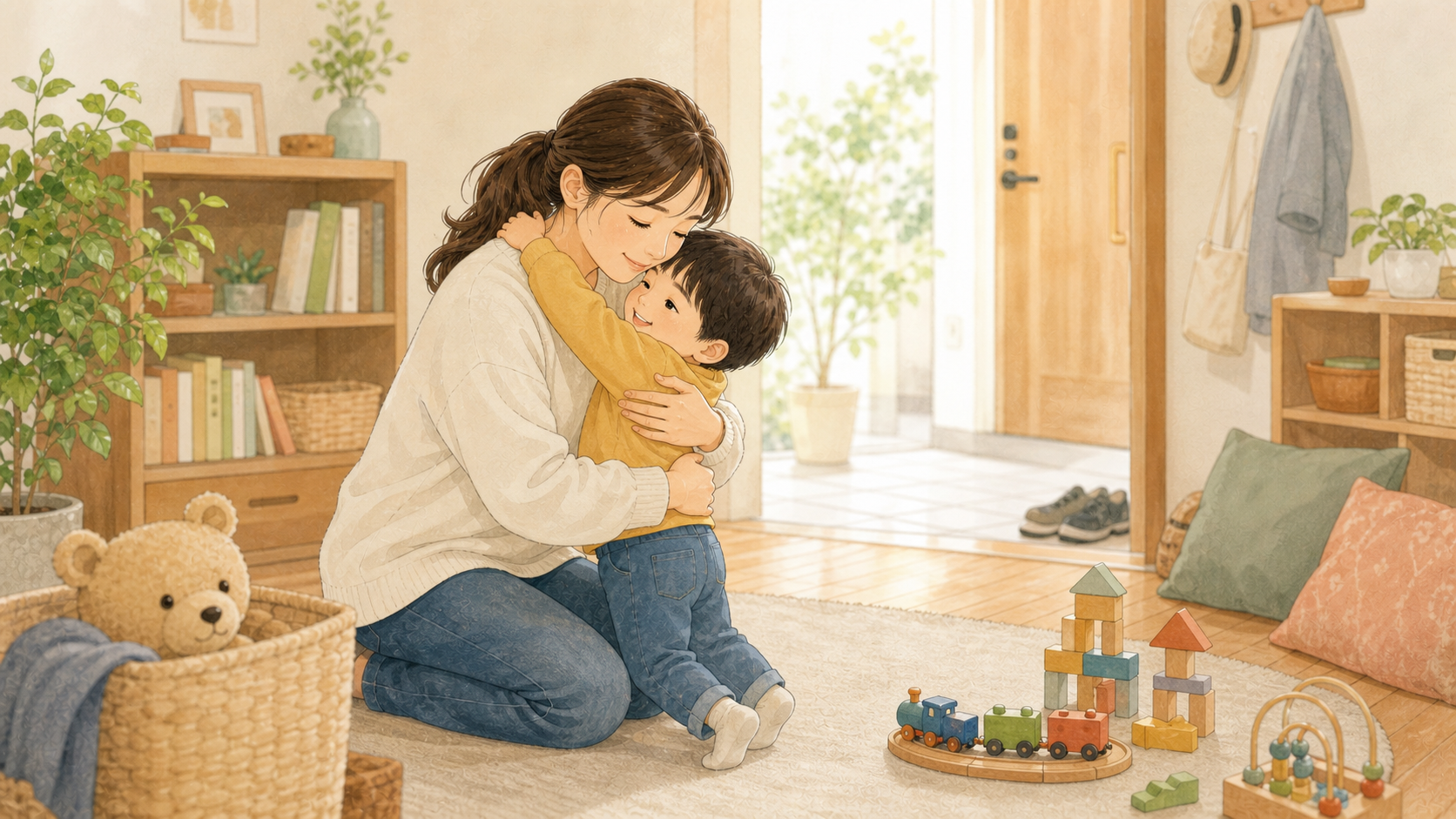 保護者に抱きしめられて安心している子どもと、そばに玩具がある家庭のイラスト