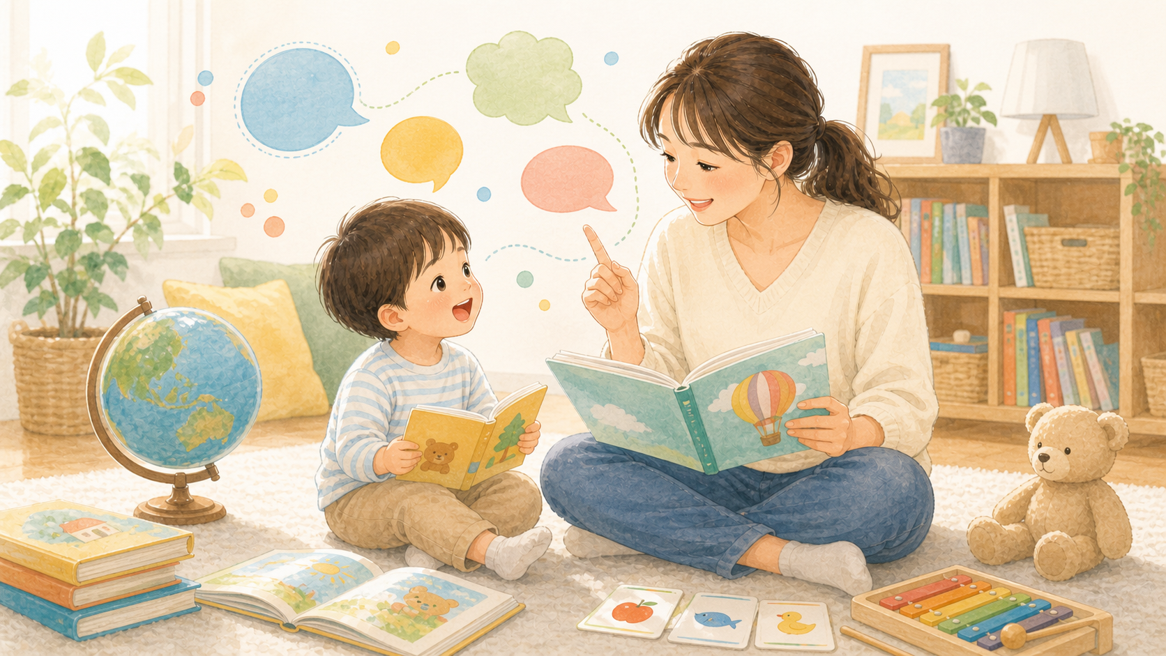 親子が絵本や歌を通して、二つの言語に楽しく触れているイラスト