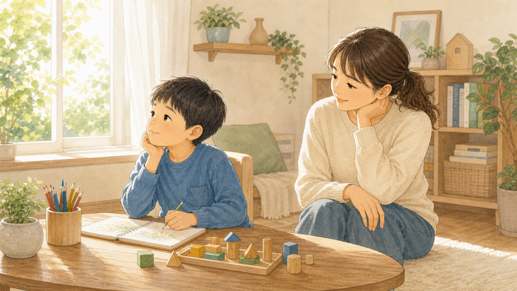窓辺で考えごとをしながら描く子どもを、保護者がそっと見守るイラスト