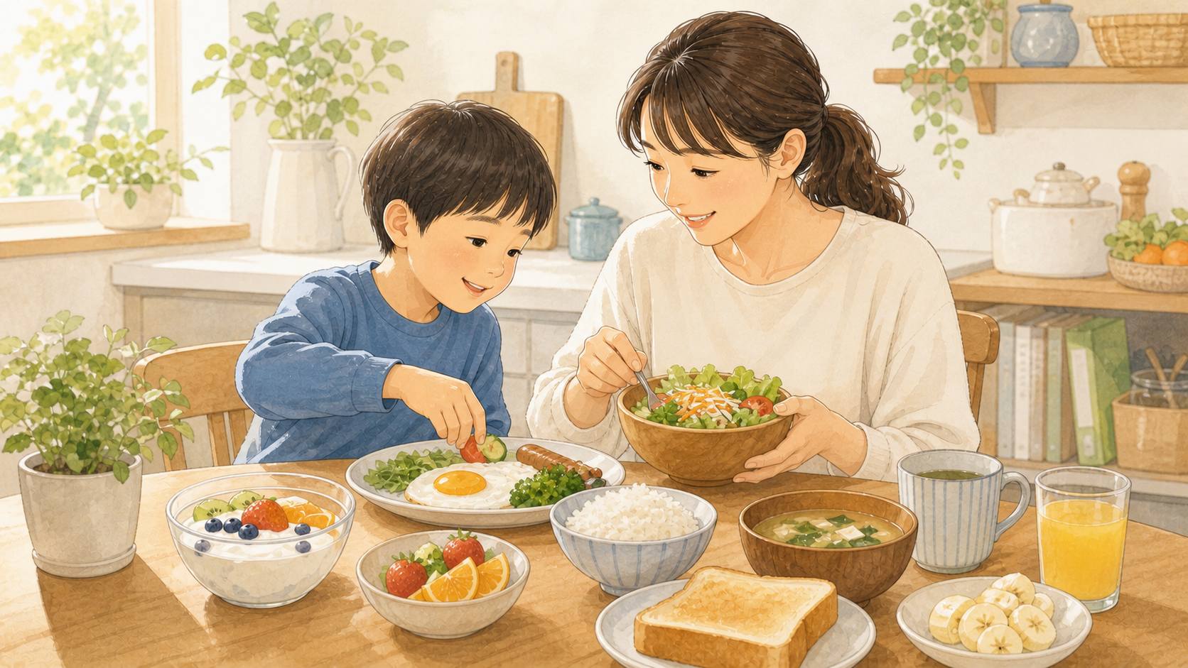 親子で朝食を用意し、野菜や果物を並べた食卓のイラスト
