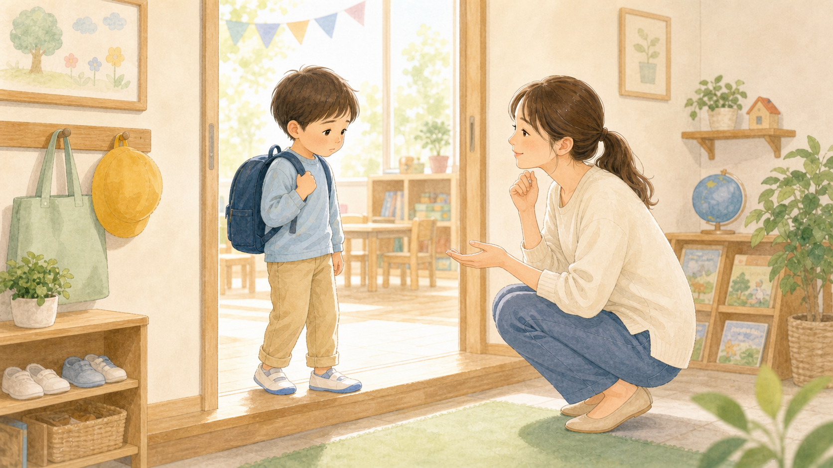 不安そうな子どもが小さな一歩を踏み出せるよう、保護者が穏やかに見守っているイラスト