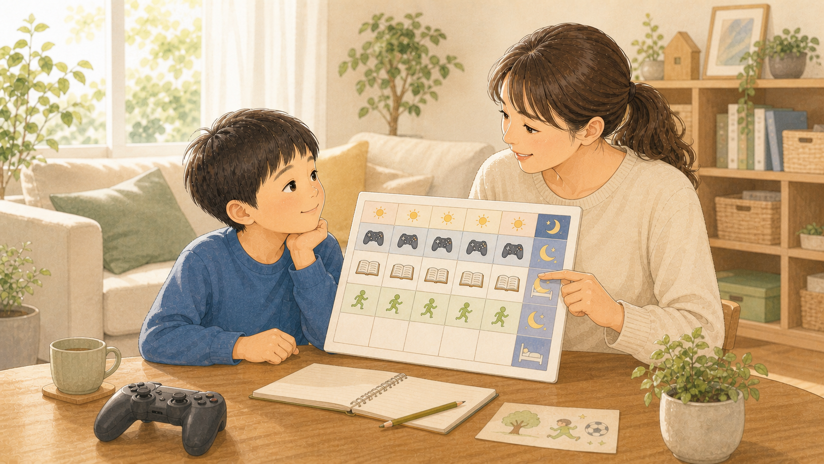 ゲームの約束を親子で落ち着いて相談している家庭のイラスト