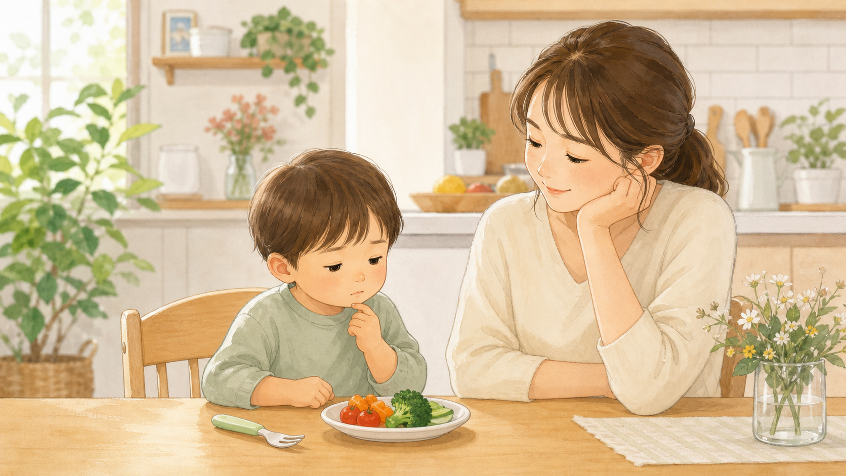 食卓で野菜を前にした子どもを、保護者が無理に促さず穏やかに見守っているイラスト