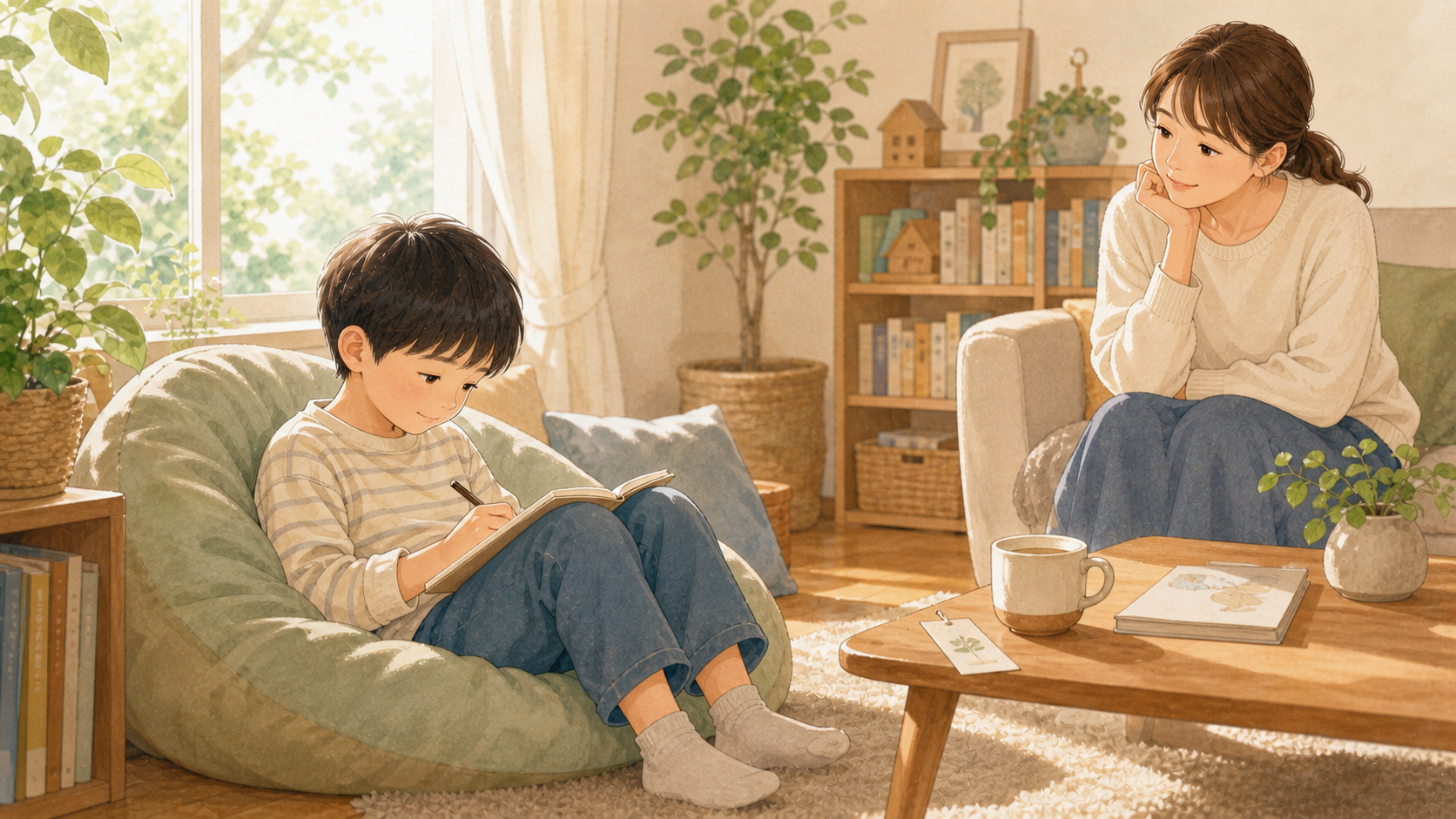 窓辺でひとり読書やお絵かきを楽しむ子どもを、保護者が離れて見守るイラスト