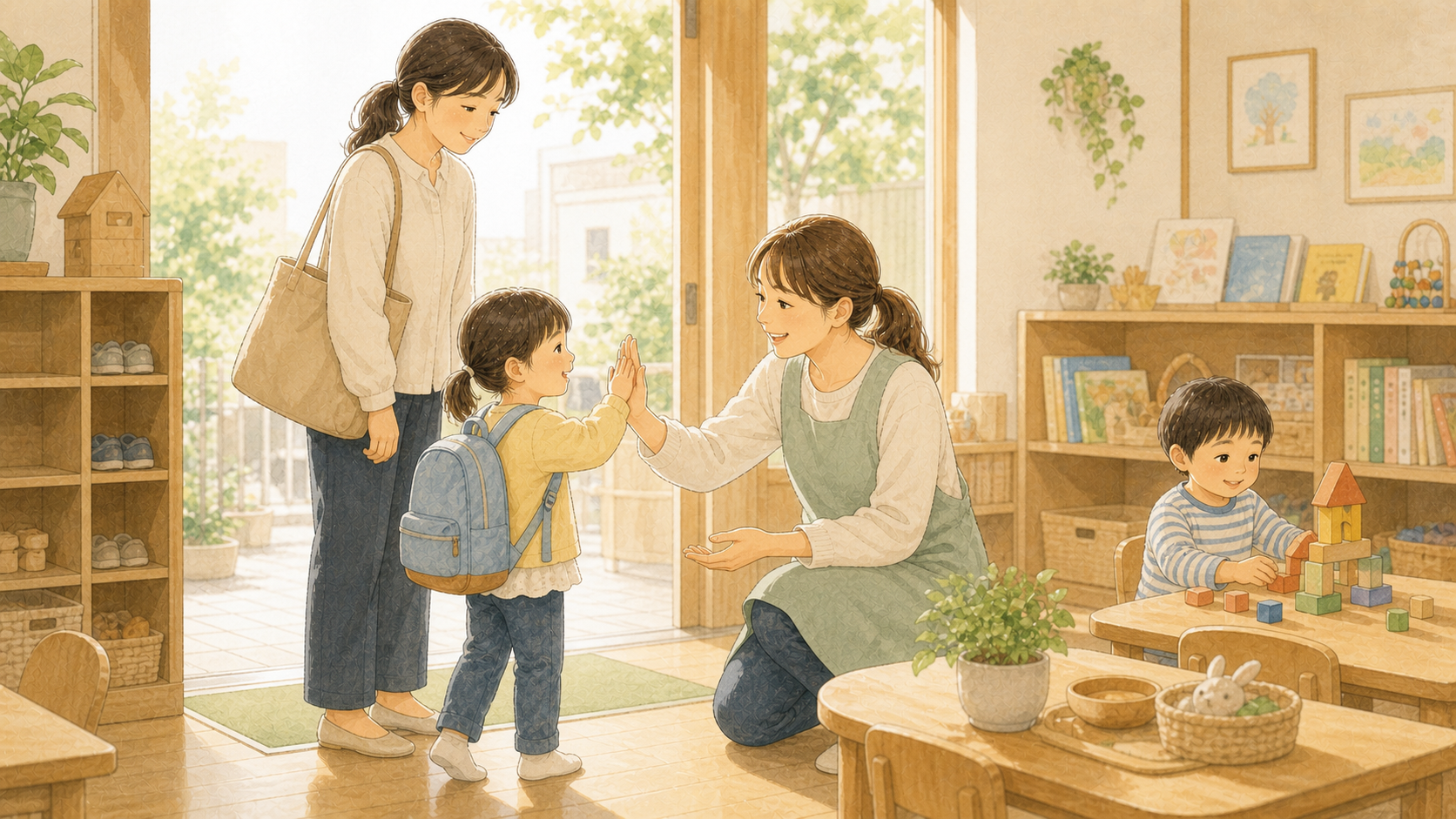 保育園で保育者に迎えられる子どもを、保護者が安心して見守るイラスト