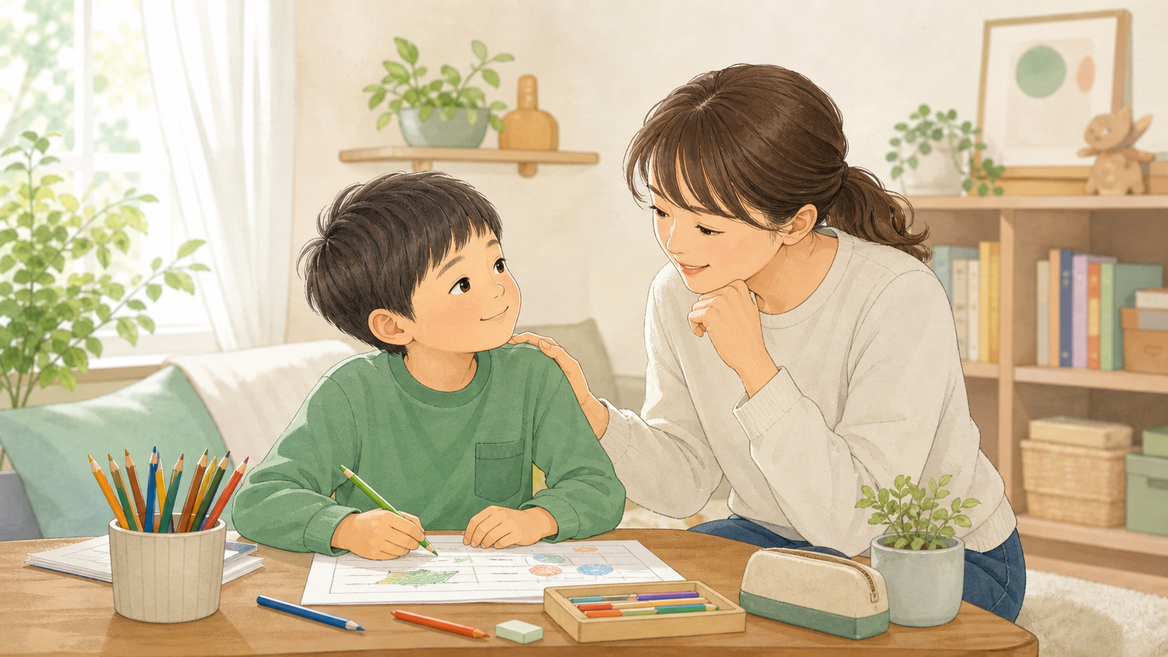 机で絵を描く子どもに、保護者が穏やかに過程をほめているイラスト