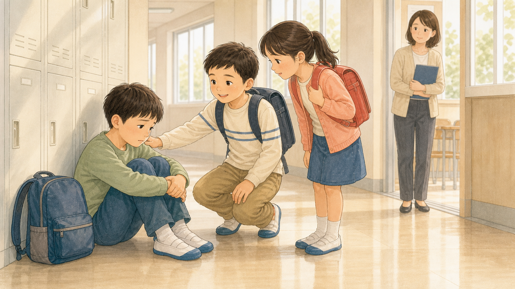 不安そうな子どもに友だちが寄り添い、先生が見守っているイラスト