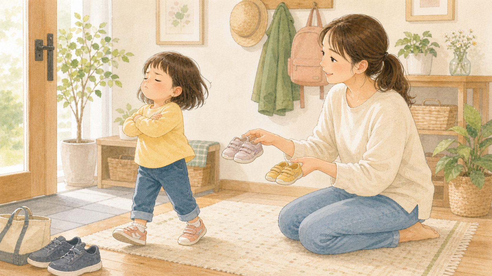 自分でやりたい子どもに、保護者が落ち着いて選択肢を示して寄り添っているイラスト