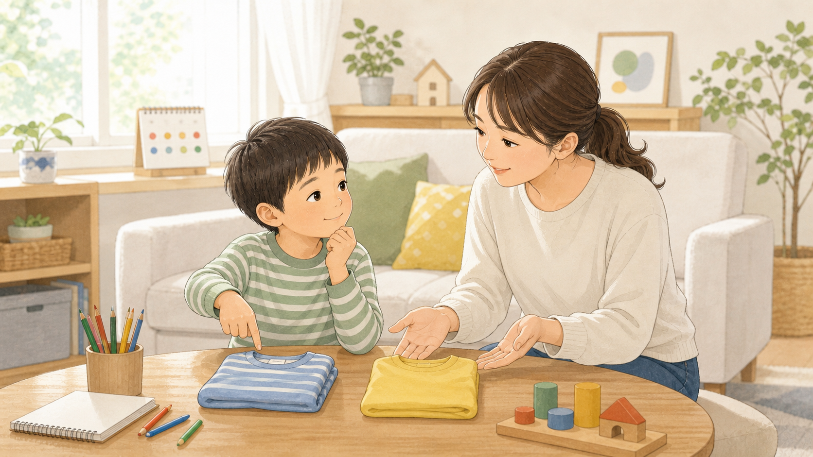 保護者が子どもに選択肢を示し、子どもが自分で選ぼうとしているイラスト