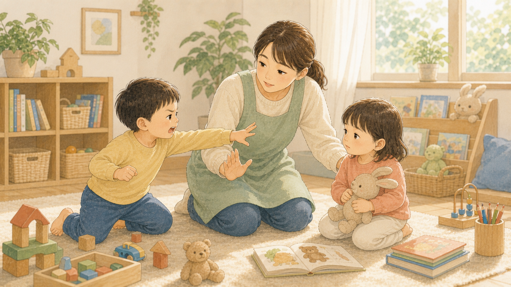 遊び場で気持ちが高ぶった幼児たちの間に、保育者が落ち着いて入るイラスト