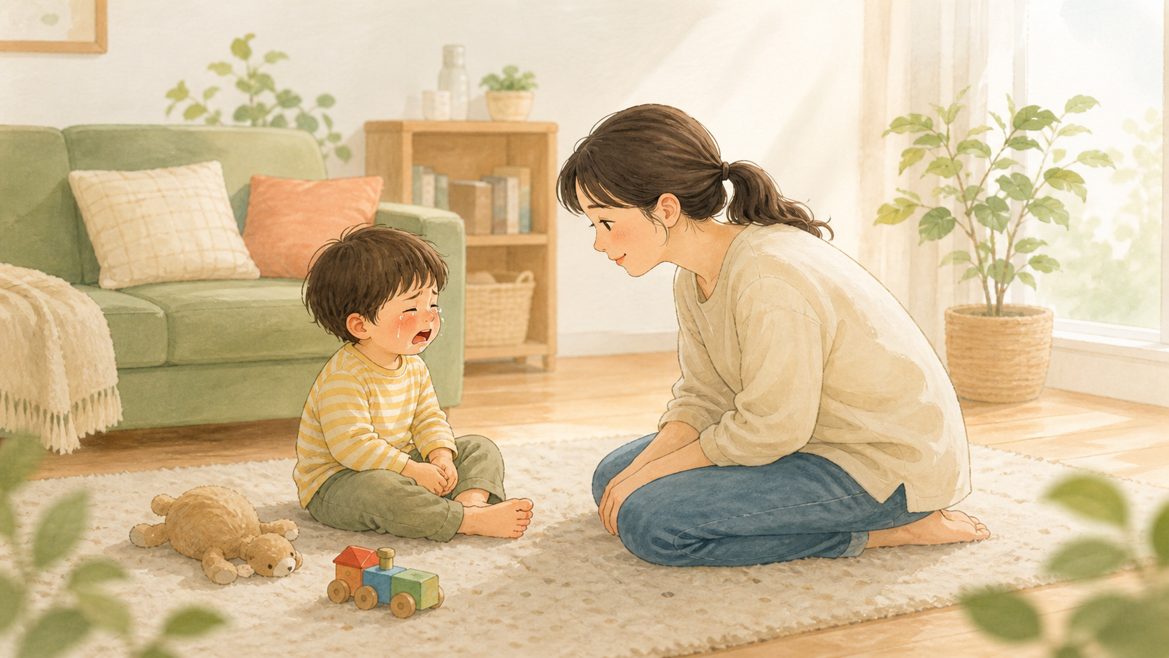 かんしゃくで泣いている子どものそばで、保護者が落ち着いて寄り添っているイラスト