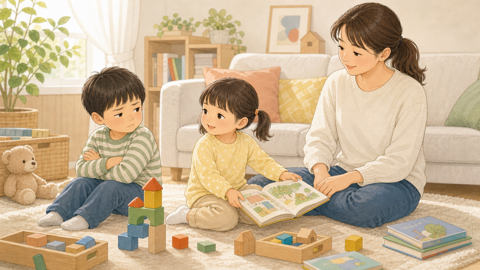 遊び場で過ごすきょうだいを保護者が穏やかに見守っているイラスト