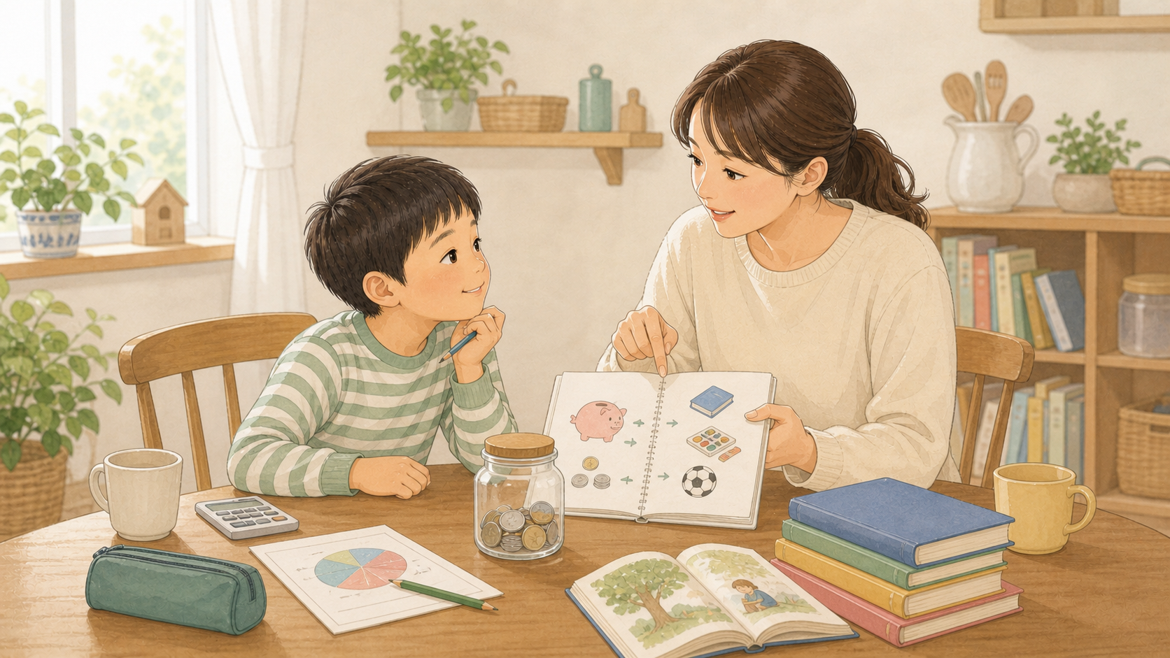 親子が食卓で本やノートを広げ、お金より関わりを大切に学んでいるイラスト