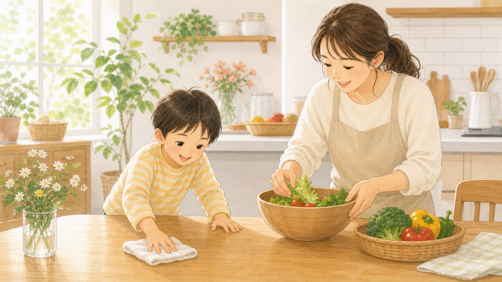 子どもが家事に参加し、保護者と一緒に食卓まわりを整えているイラスト