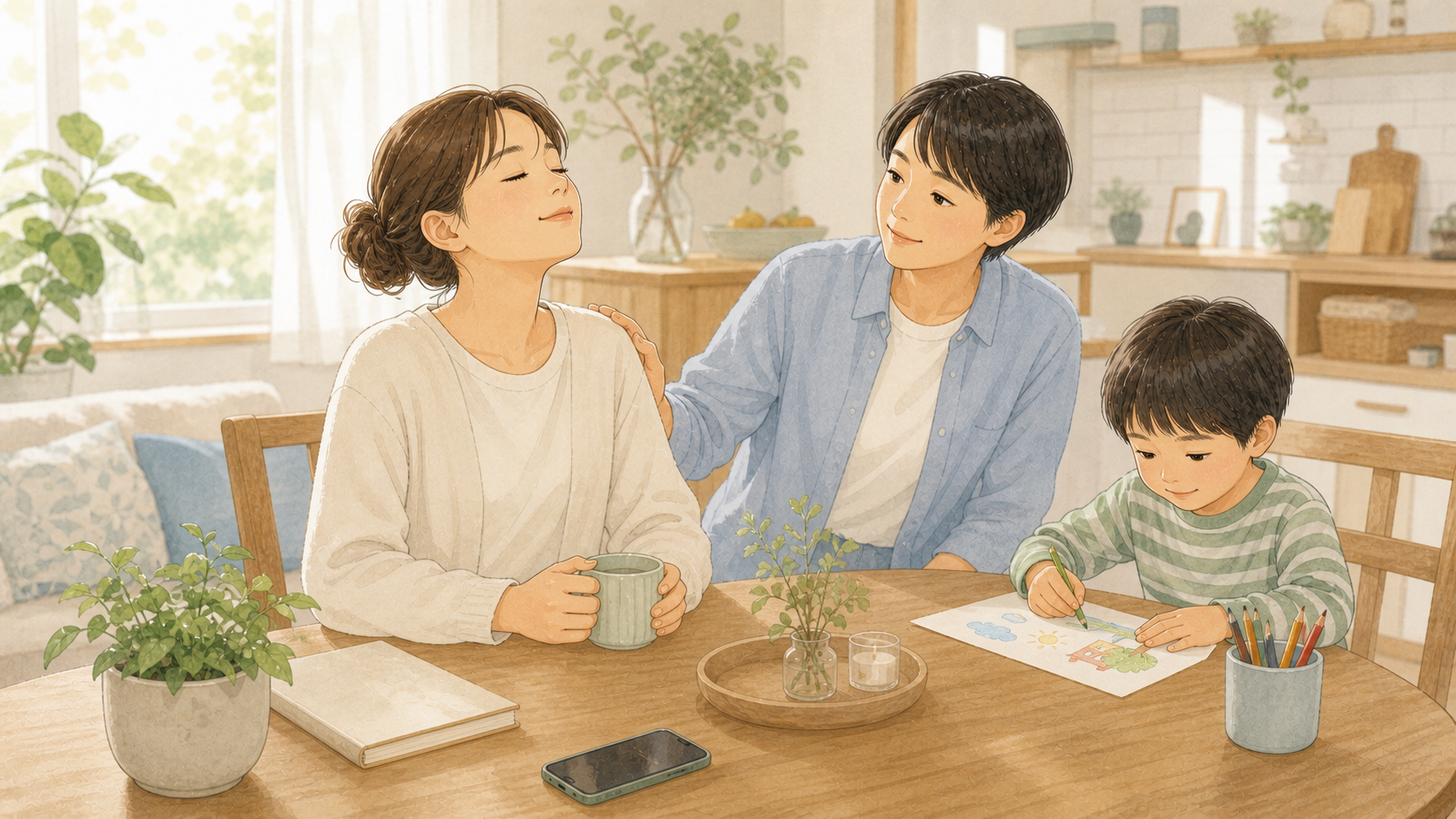 保護者が一息つき、家族が子どもを見守る明るい家庭のイラスト