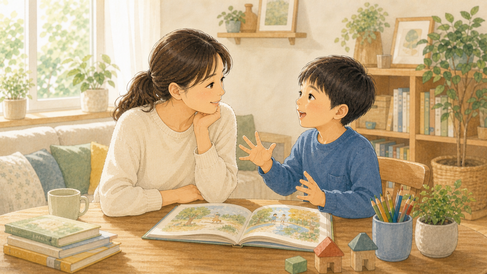 絵本や絵を見ながら親子で楽しそうに会話しているイラスト