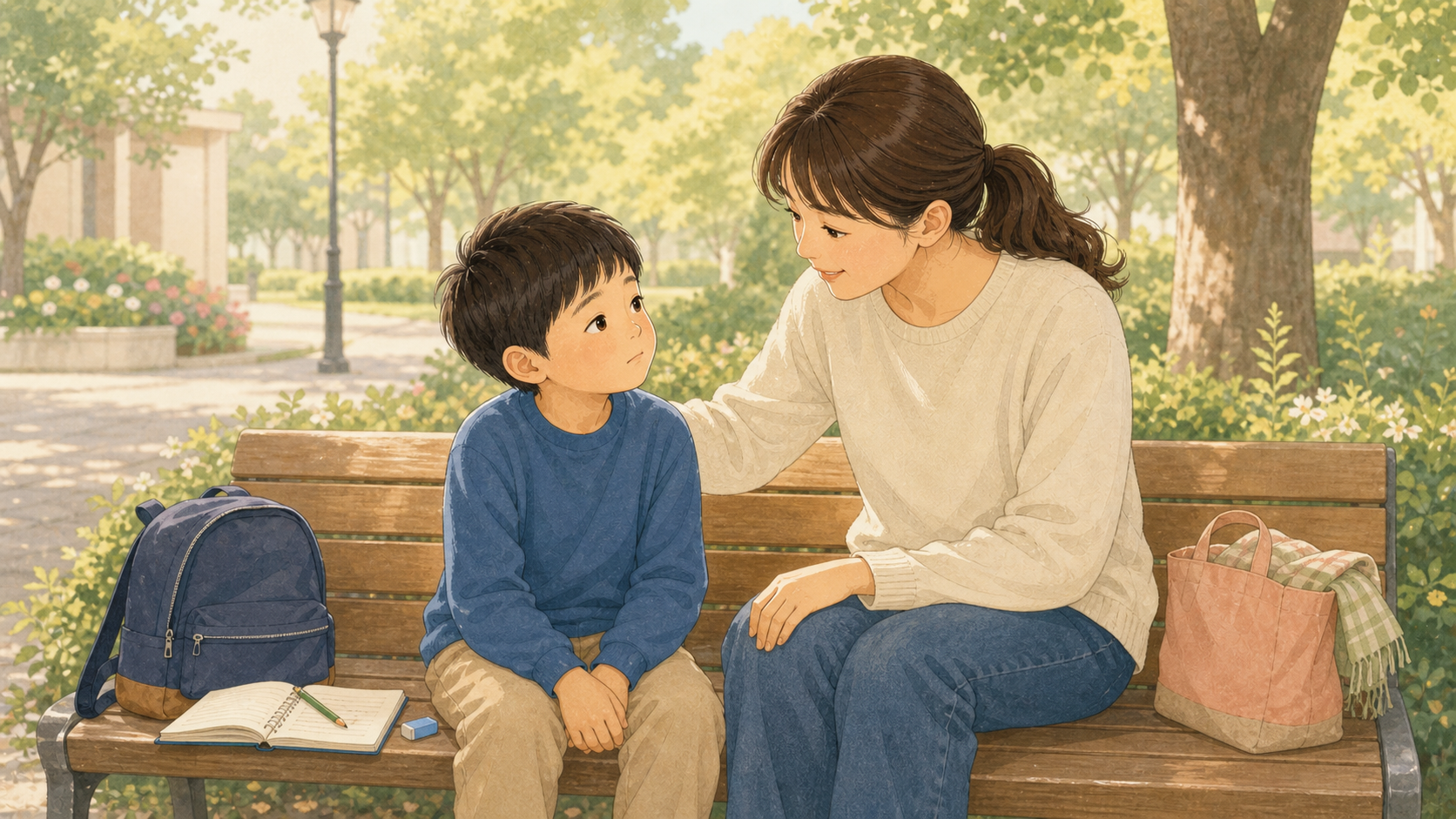 落ち込んだ子どものそばで信頼できる大人が話を聞いているイラスト