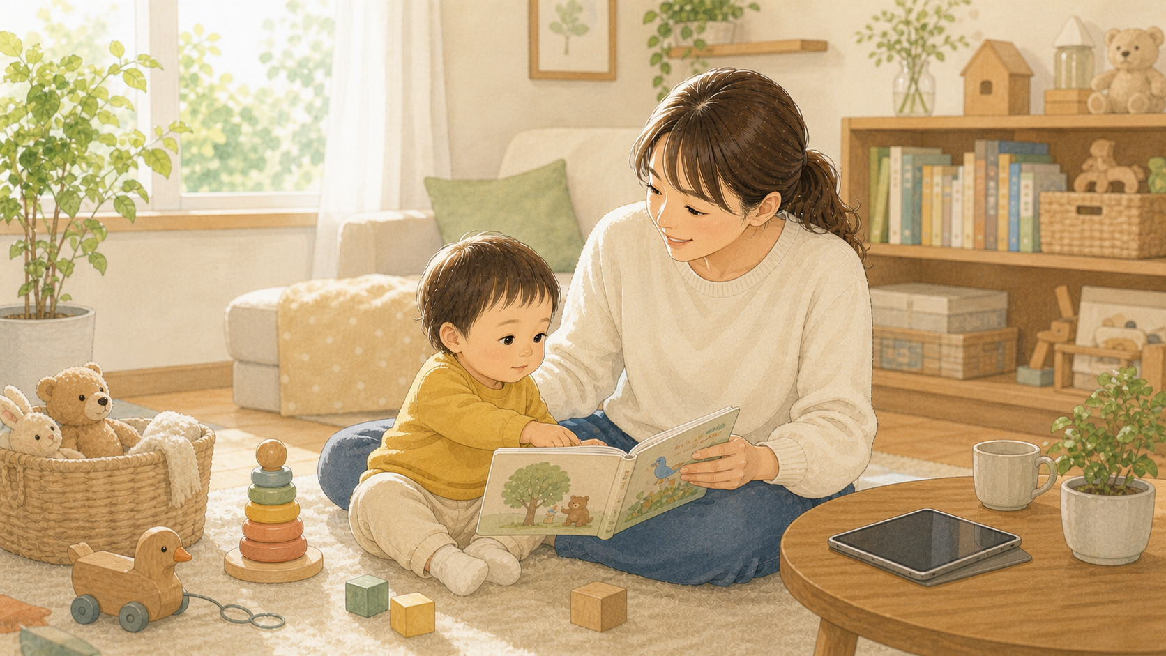 タブレットを脇に置き、幼い子どもと保護者が絵本を見ているイラスト