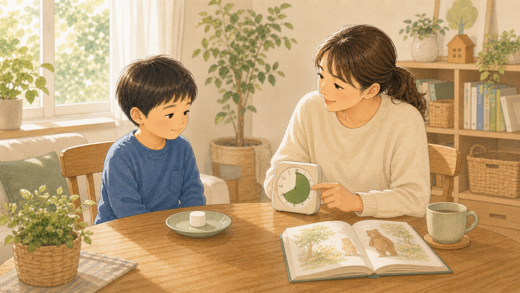 おやつを前に待つ練習をする子どもを、保護者がやさしく支えるイラスト