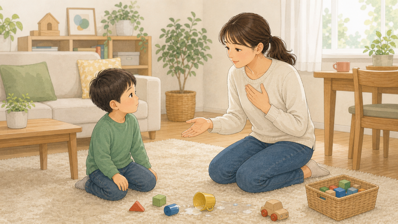 小さな失敗のあと、保護者が一呼吸おいて子どもに穏やかに話しているイラスト