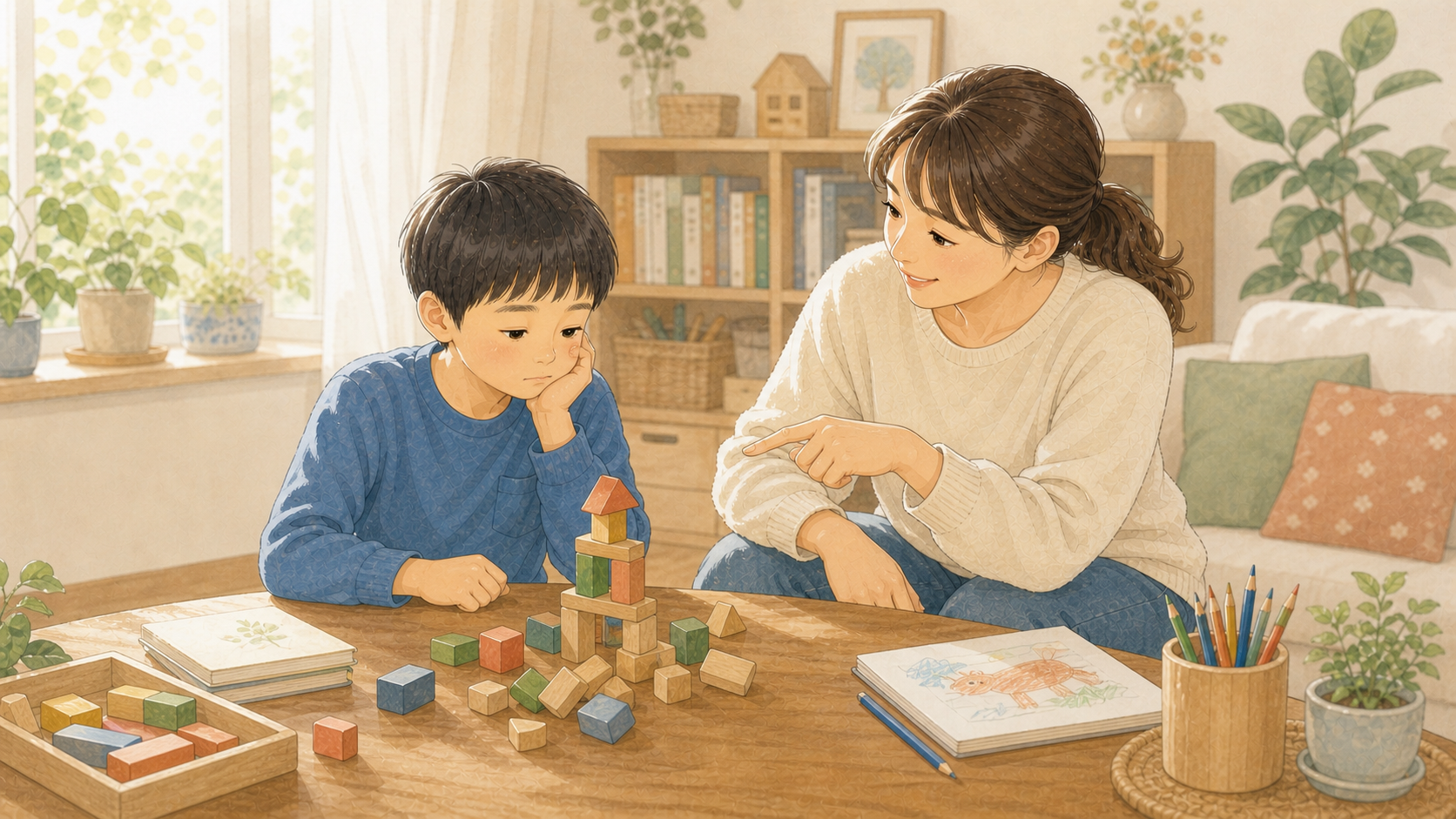崩れた積み木を前にした子どもに、保護者が次の一歩を示しているイラスト