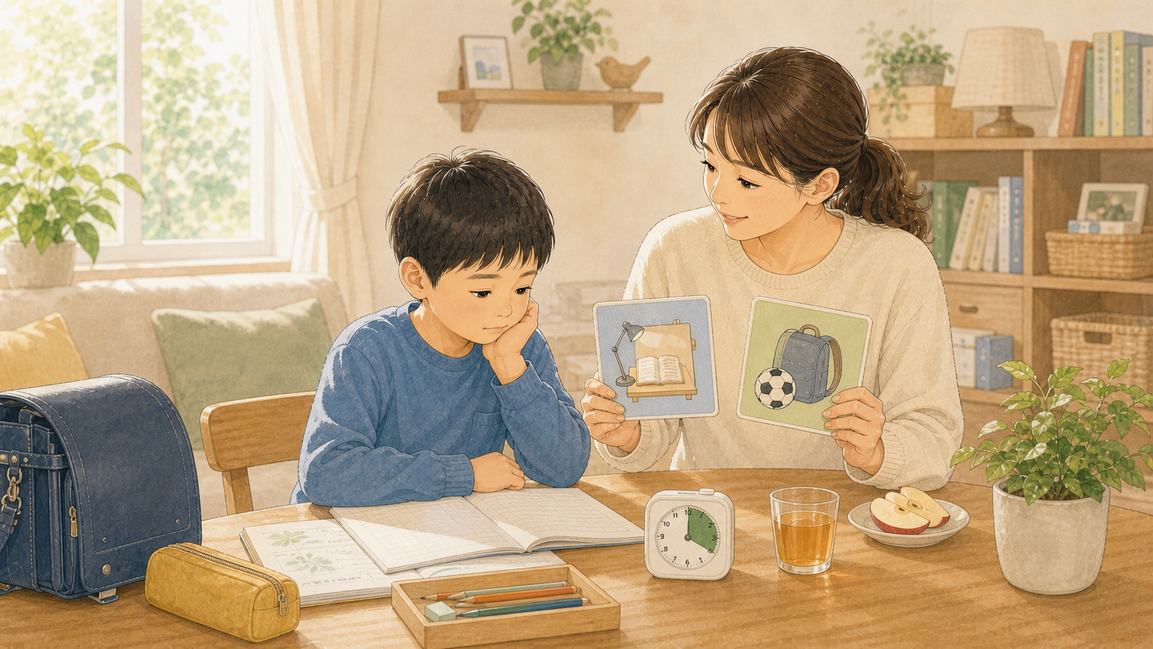 宿題を前にした子どもに、保護者がやさしく選択肢を示しているイラスト