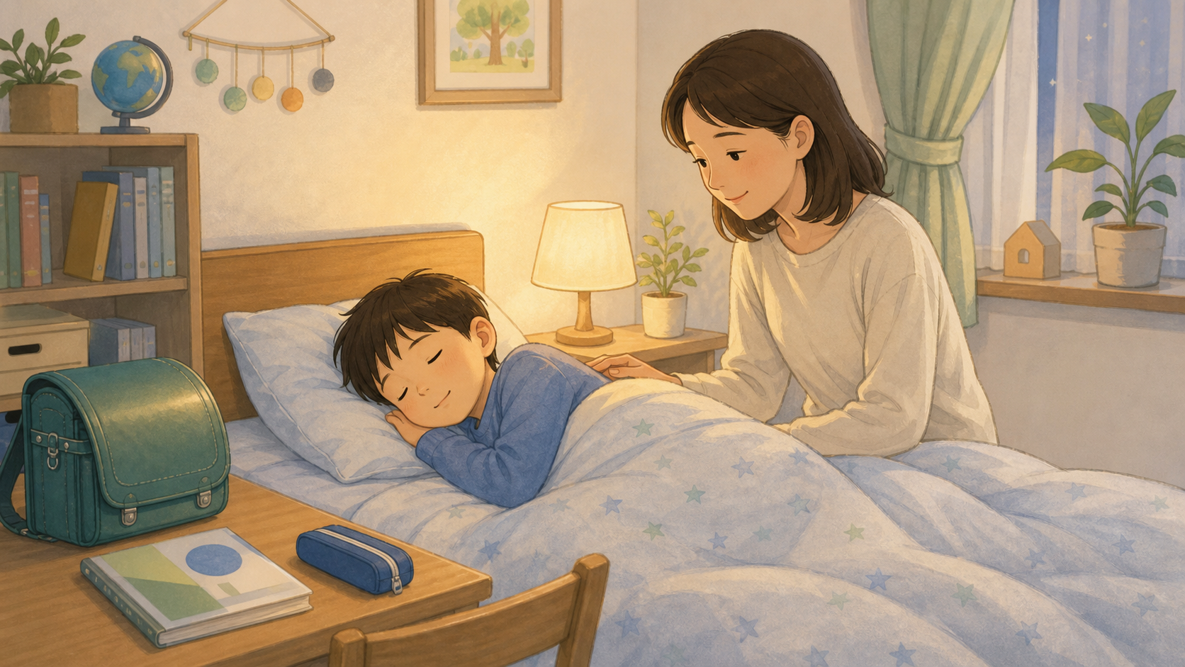 眠っている子どもを保護者がそっと見守る、睡眠と学びを表したイラスト