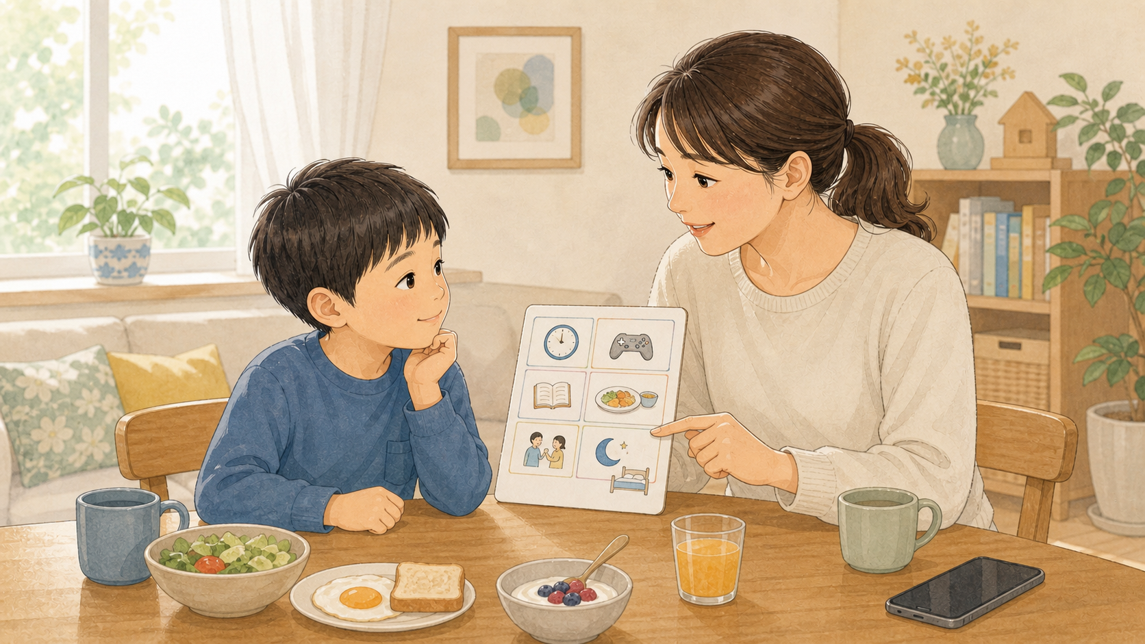 スマホを脇に置き、親子が食卓で生活リズムについて話しているイラスト