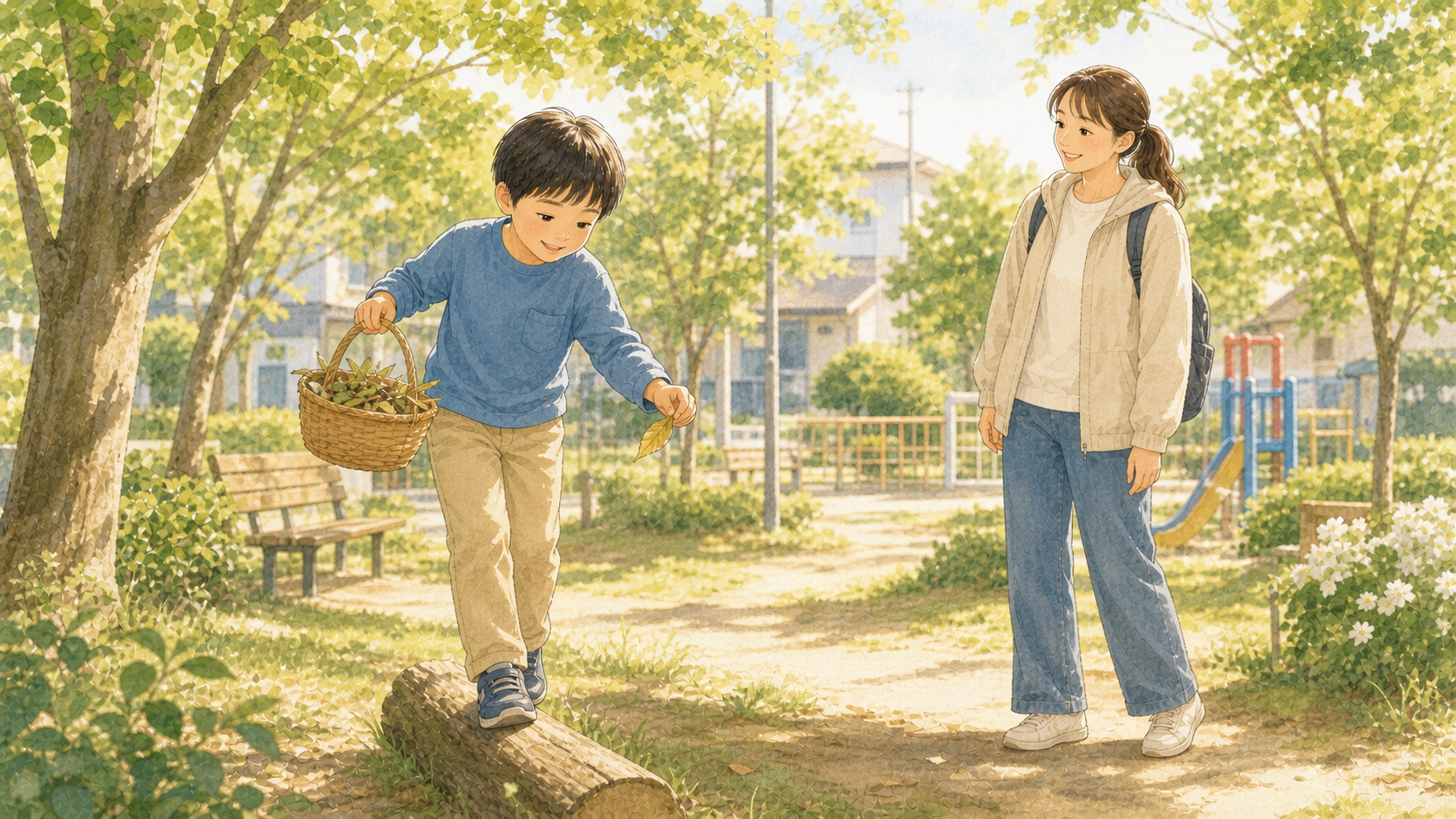公園で葉っぱを集める子どもを保護者が見守っているイラスト