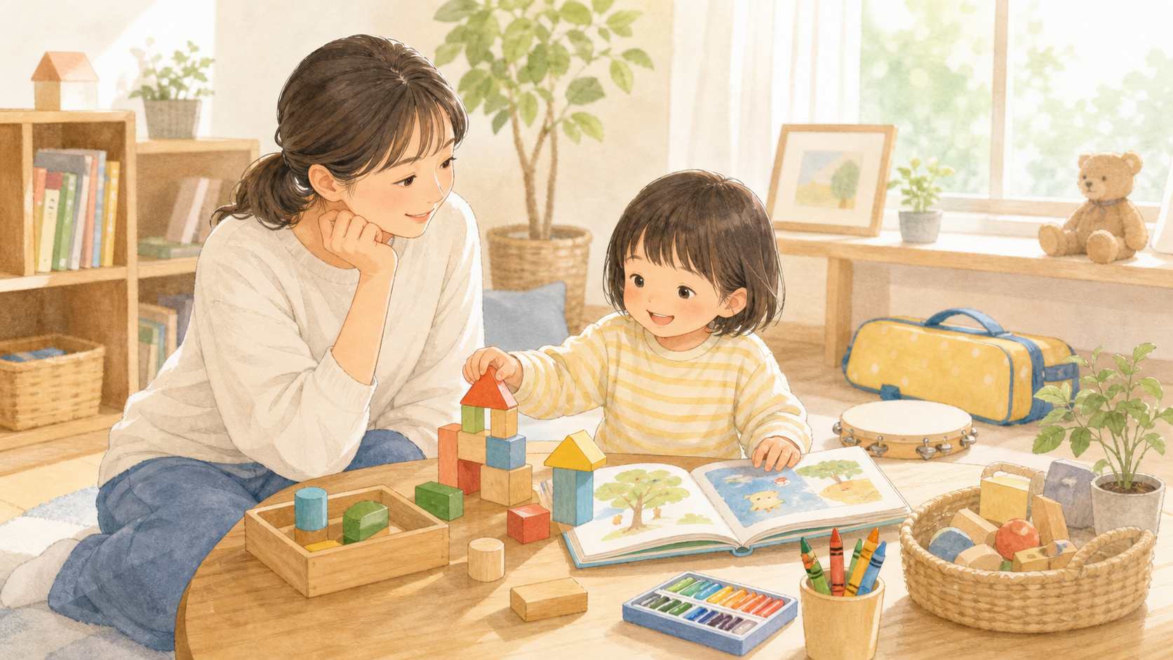 親子が積み木や絵本で遊びながら、子どもが自分で取り組む時間を楽しんでいるイラスト