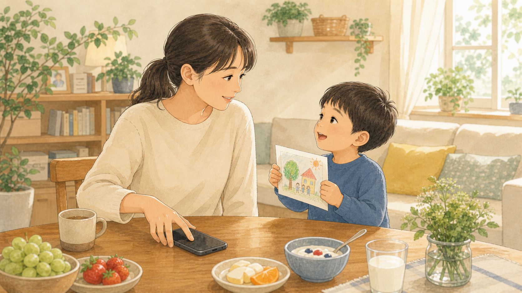 スマートフォンを置いて、子どもの話に目を向ける保護者のイラスト