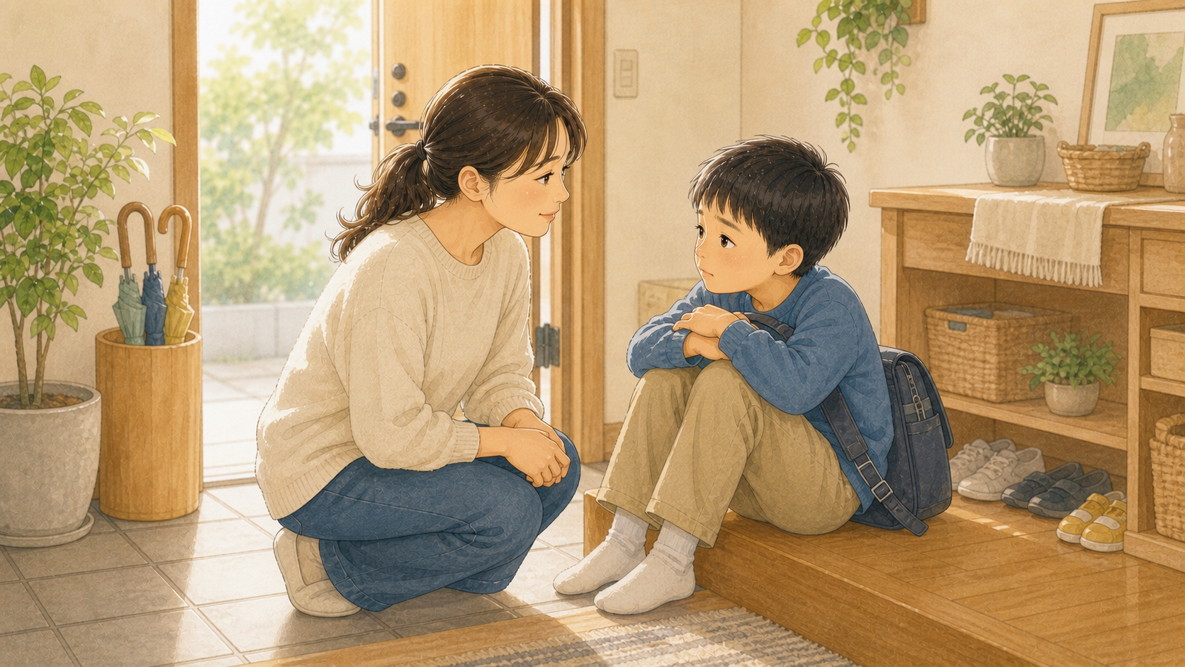 玄関で登園や登校をためらう子どもに、保護者が目線を合わせて話を聞くイラスト