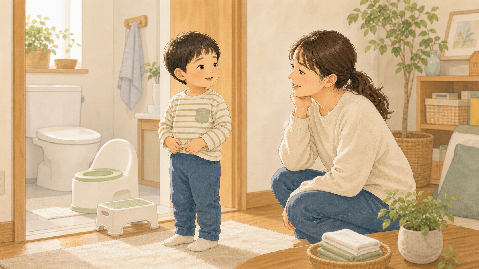トイレトレーニング用の補助便座を前に、子どもを保護者が穏やかに見守るイラスト