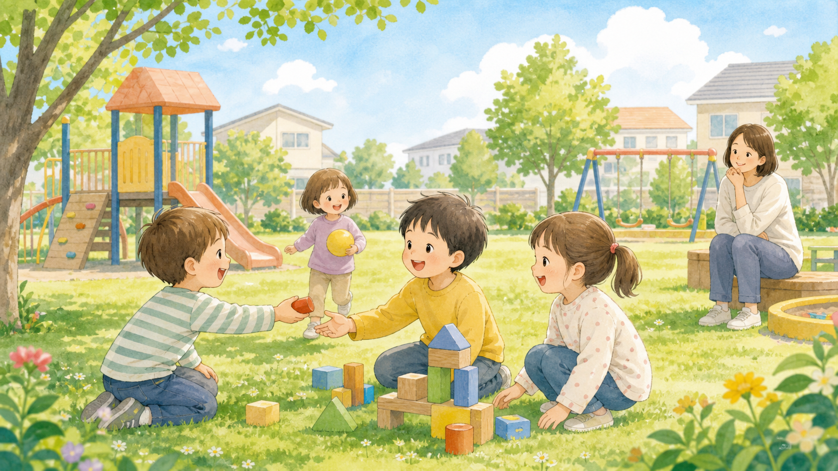 公園で子どもたちが自由に遊び、保護者が少し離れて見守っているイラスト