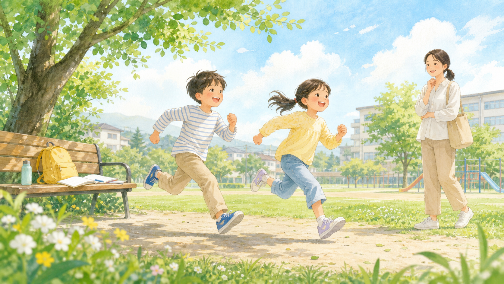 公園で子どもたちが走り、保護者が見守っている運動と学びを表したイラスト