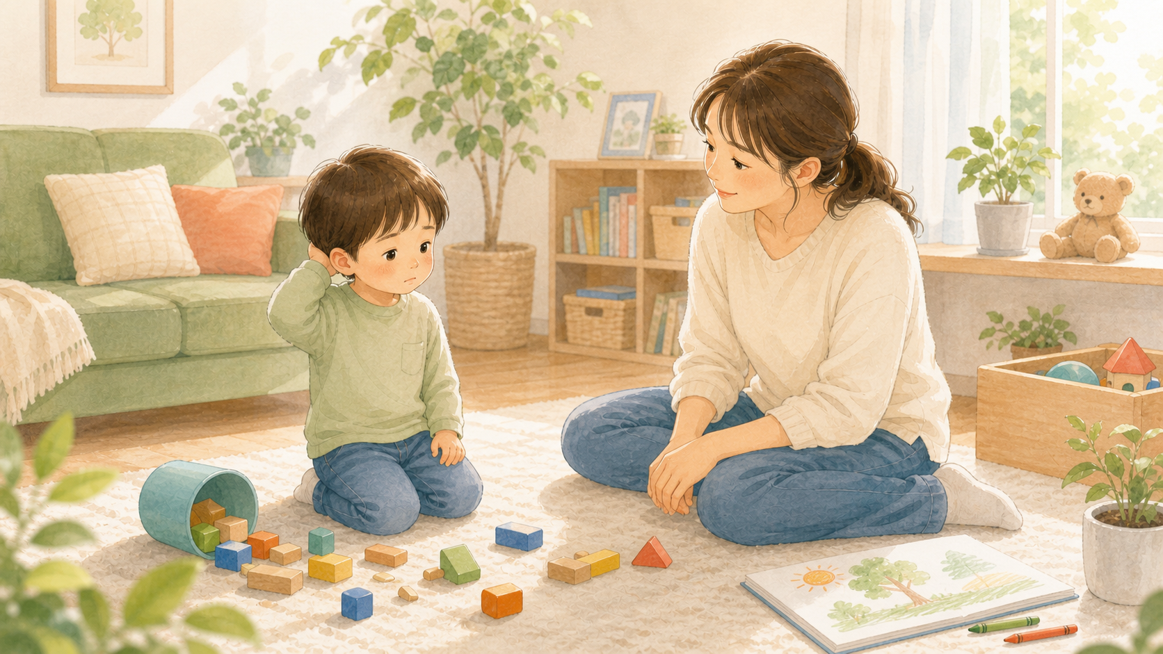小さな失敗のあと、子どもが正直に話せるよう保護者が落ち着いて聞いているイラスト