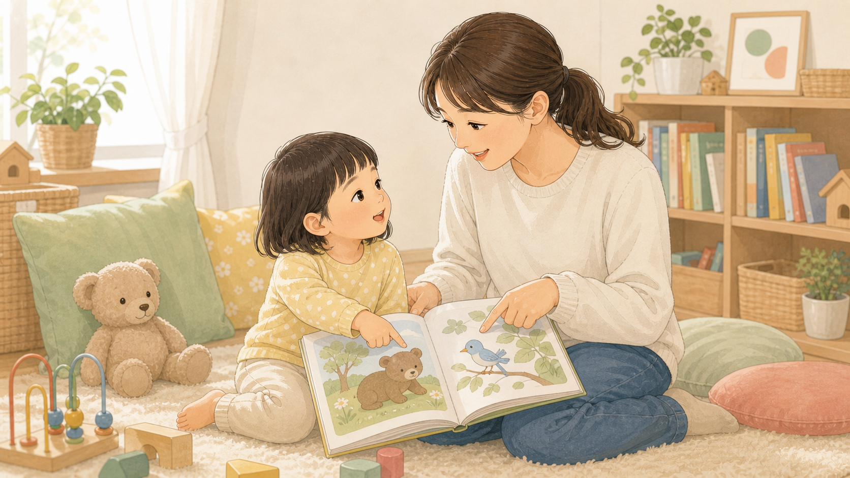 絵本を見ながら親子が指差しと会話をしているイラスト