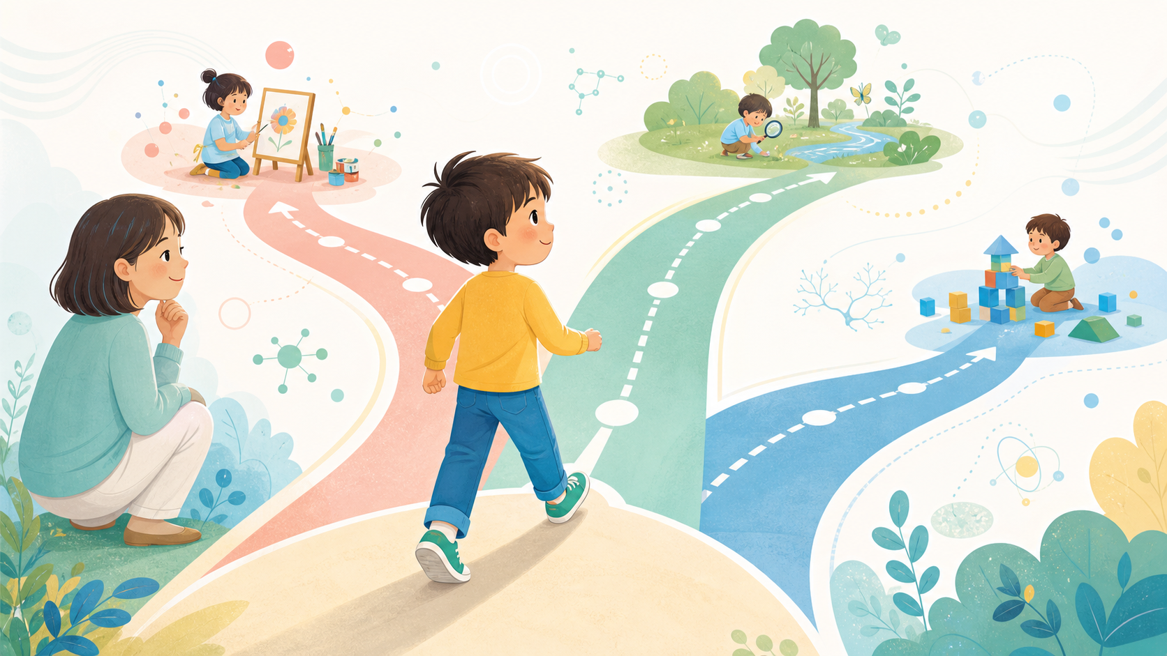 子どもが自分で選び行動する主体性を、分かれ道と支える大人で表したイラスト