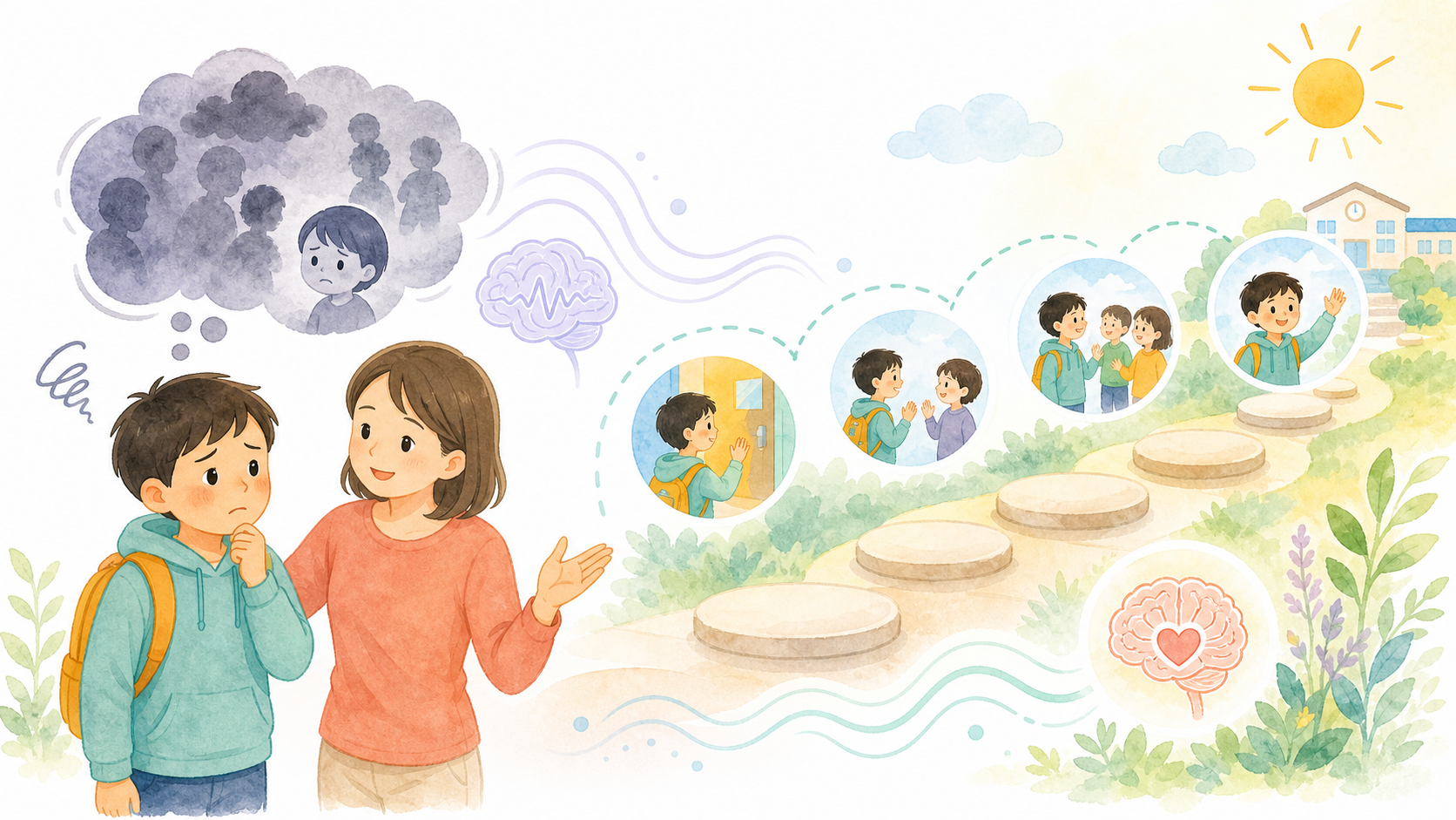 子どもがこれからの不安を見通し、小さな段階で安心を増やしていく予期不安を表したイラスト