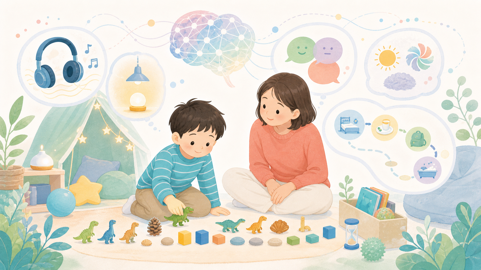 子どもの興味や感覚、コミュニケーションの特性を、穏やかな支援環境とともに表したイラスト