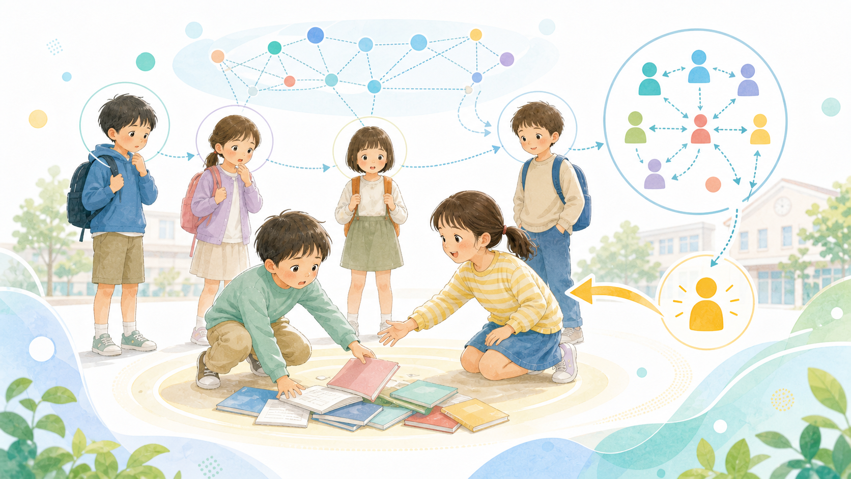 困っている子に一人が歩み寄り、周囲の子どもたちと責任の分散を科学的に表したイラスト