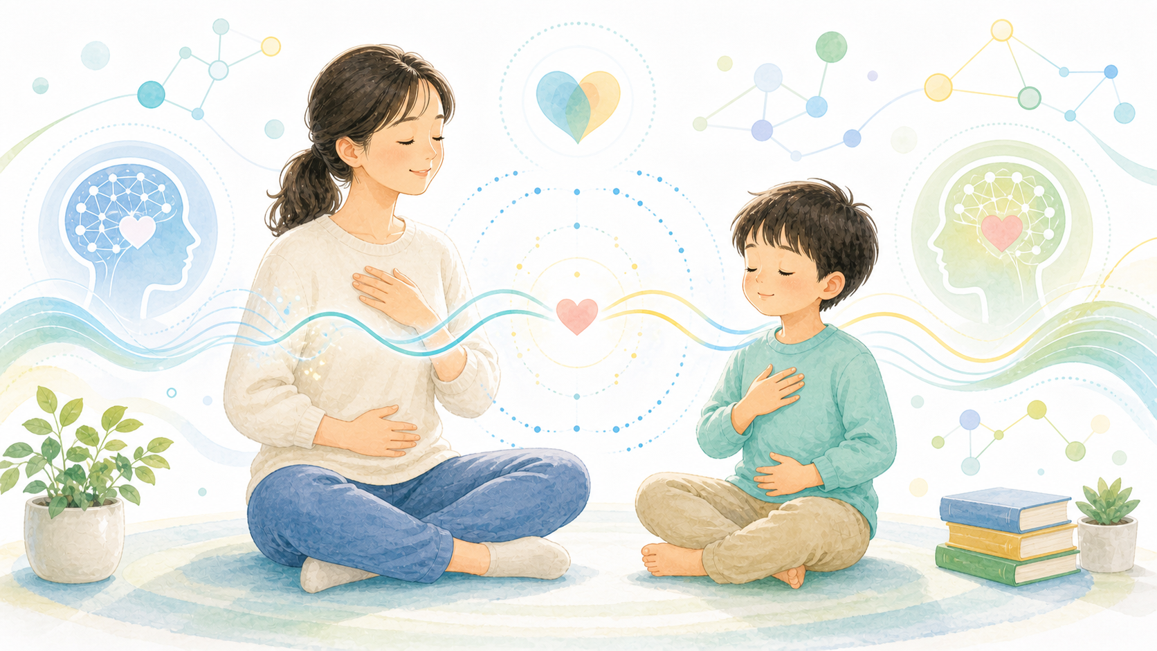 親子が一緒に落ち着き、呼吸の波がそろっていく共調整を表したイラスト