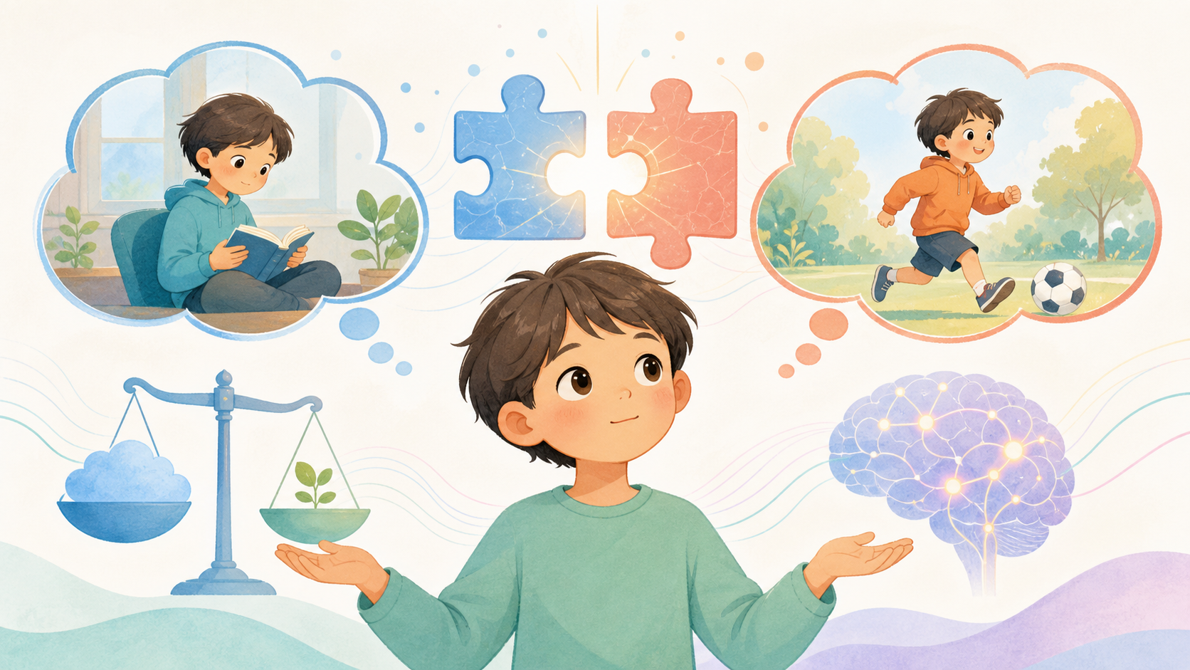 子どもが矛盾する考えを見つめ、認知的不協和を整理していく様子を表したイラスト