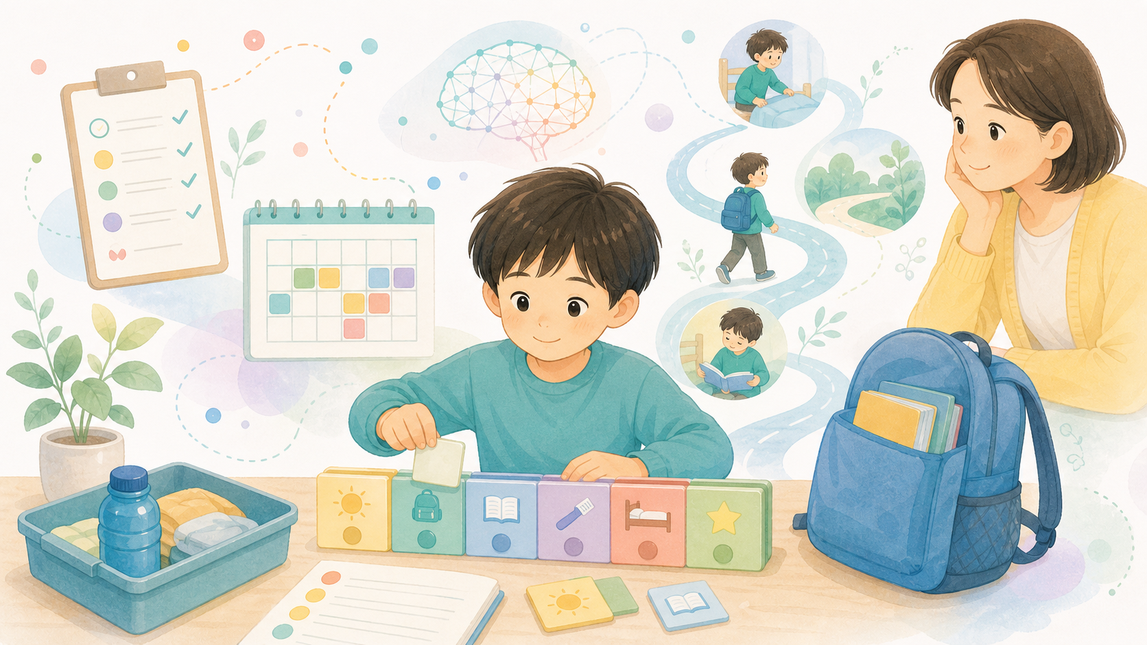 子どもが計画を立て、約束や手順を大切にしながら取り組む誠実性を表したイラスト