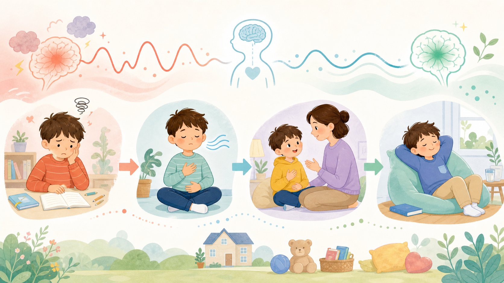 子どもがストレスに気づき、深呼吸や相談でコーピングしていく様子を表したイラスト