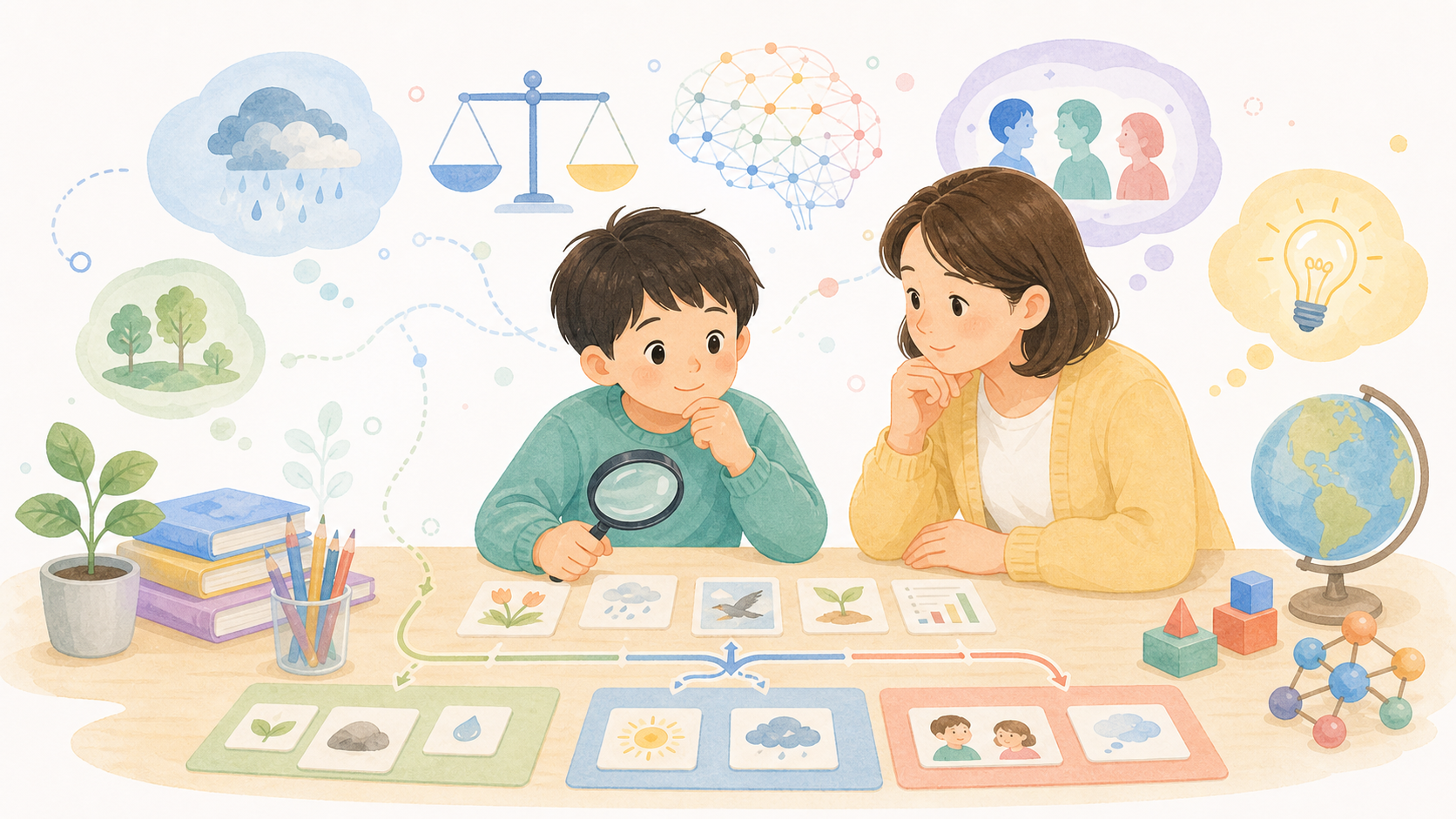 子どもが情報の根拠を比べ、批判的思考で考えを整理する様子を表したイラスト