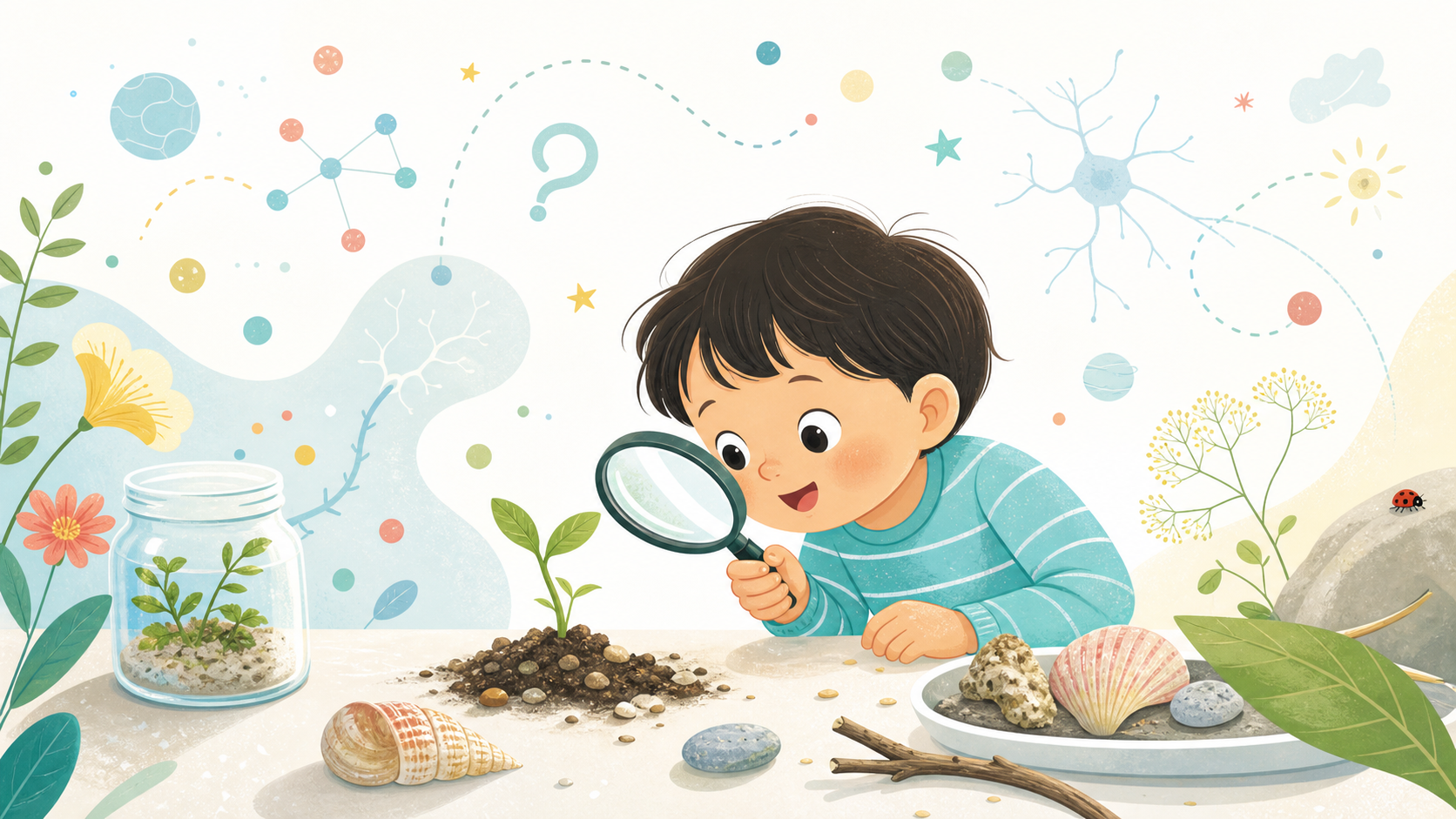子どもが身近なものを観察し、好奇心から発見していく様子を表したイラスト