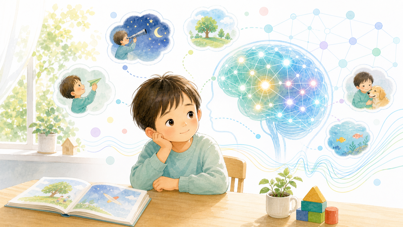 子どもが静かに考えごとをするそばで、脳のネットワークが明るく広がる様子を表したイラスト