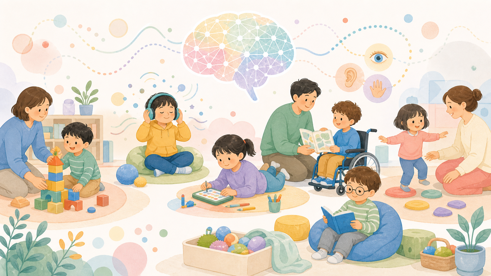 子どもたちの発達の多様な特性と、それぞれに合った支援環境を明るい科学図解で表したイラスト