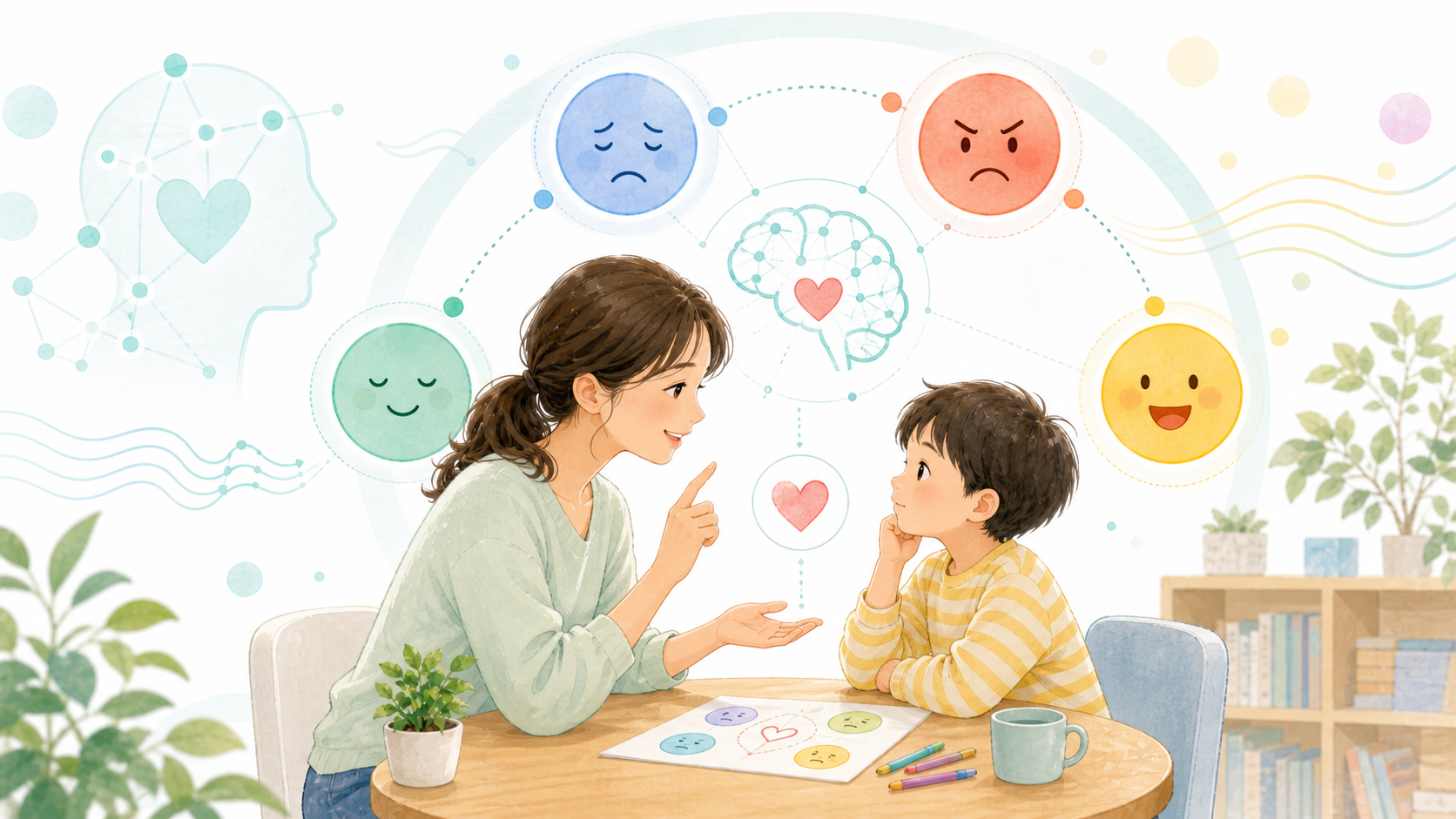 親子が向き合い、感情の泡と脳と心のモチーフで感情コーチングを表したイラスト
